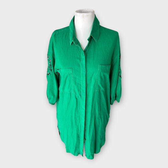 YFB Young Fabulous & Broke Green Linen Shirt Dress Women's Small Boho Beachy - Picture 4 of 12